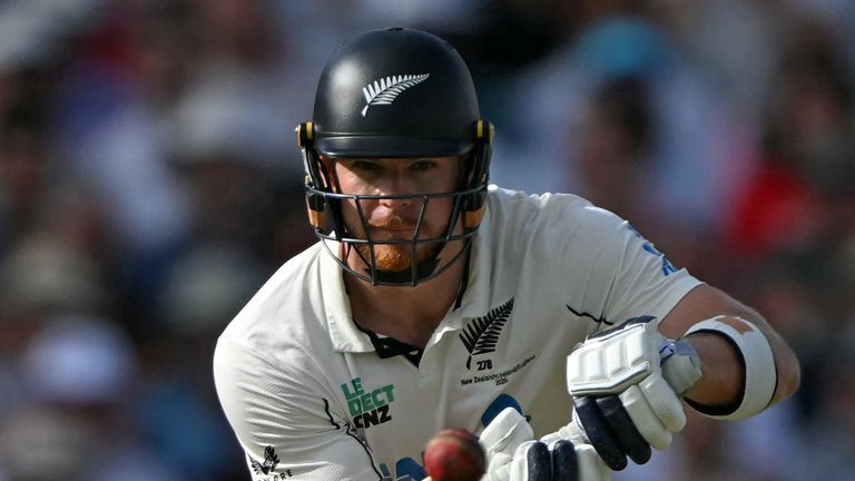 New Zealand's Glenn Phillips plays a shot during the opening day of the second cricket Test match between England and New Zealand at The Oval in London on June 17, 2026. (Photo by Glyn KIRK / AFP) / RESTRICTED TO EDITORIAL USE. NO ASSOCIATION WITH DIRECT COMPETITOR OF SPONSOR, PARTNER, OR SUPPLIER OF THE ECB