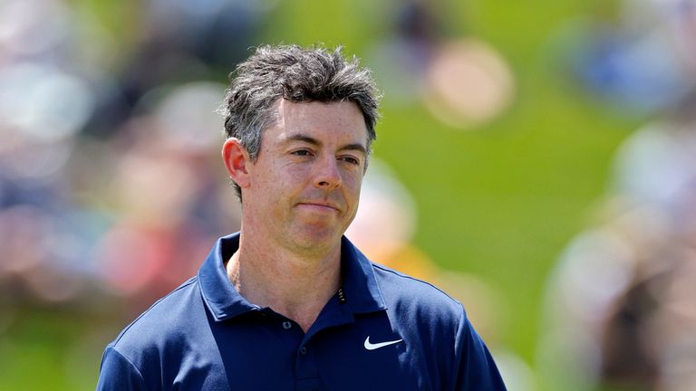 DUBLIN, OH - JUNE 04: Rory McIlroy of Northern Ireland looks on at the eighteenth hole during the first round of the Memorial Tournament presented by Workday 2026 at Muirfield Village Golf Club on June 04, 2026 in Dublin, Ohio. (Photo by Joe Robbins/Icon Sportswire) (Icon Sportswire via AP Images)