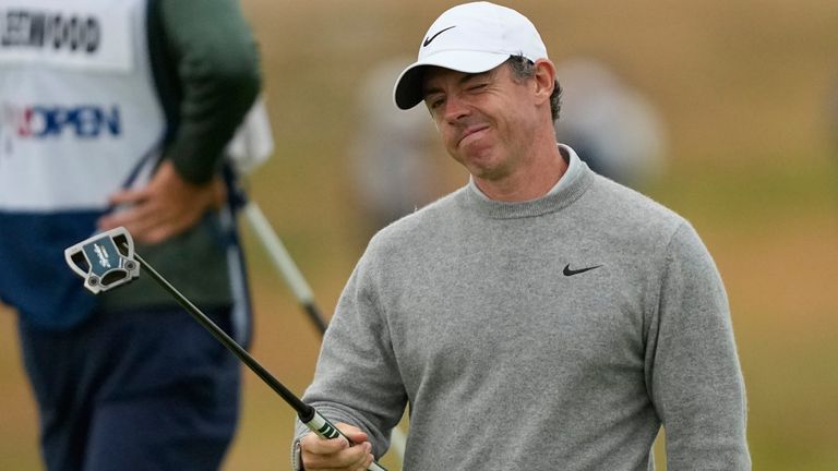 Rory McIlroy reacts after missing a putt on the 13th hole during the first round of the US Open