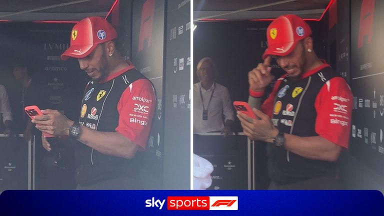 Hamilton on phone - Barcelona