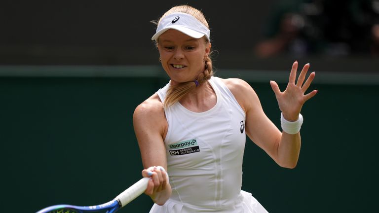 Harriet Dart of Great Britain during her Ladies' Singles first round match against Jelena Ostapenko of Latvia on day one of the 2026 Wimbled