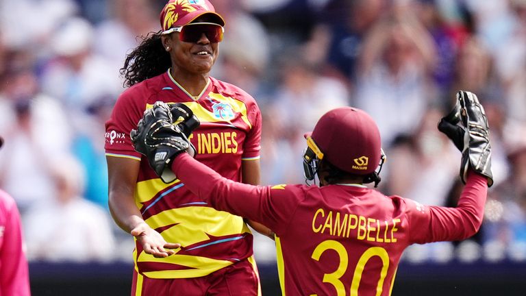 Hayley Matthews (L) celebrates taking the wicket of Sri Lanka's Harshitha Samarawickrama
