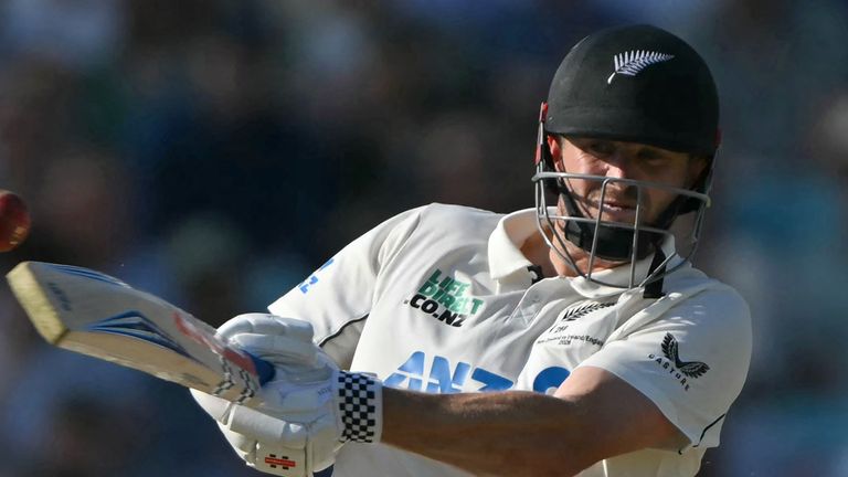 New Zealand's Henry Nicholls hits a boundary on the third day of the second cricket Test match between England and New Zealand at The Oval in London on June 19, 2026. (Photo by Glyn KIRK / AFP) / RESTRICTED TO EDITORIAL USE. NO ASSOCIATION WITH DIRECT COMPETITOR OF SPONSOR, PARTNER, OR SUPPLIER OF THE ECB