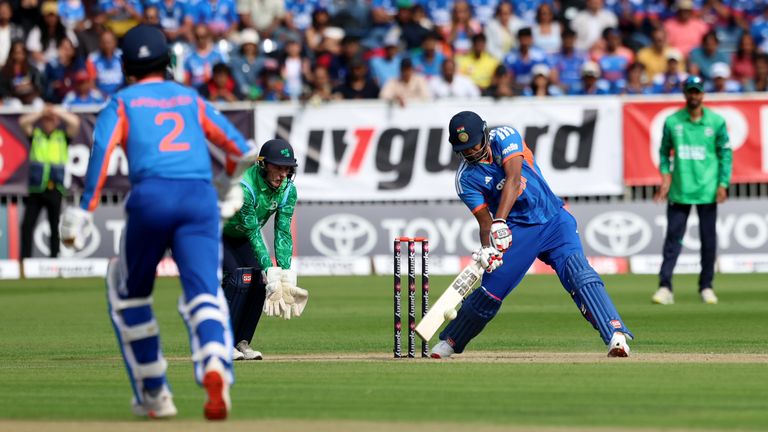 India's Harshit Rana bats during the match
