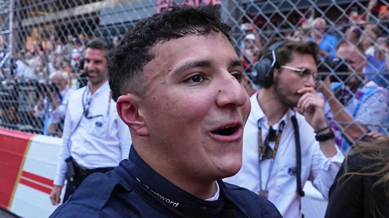 Red Bull driver Isack Hadjar, of France, reacts after taking third place during the Formula One Monaco Grand Prix race at the Monaco racetrack, Sunday, June 7, 2026. (AP Photo/Fatima Shbair)