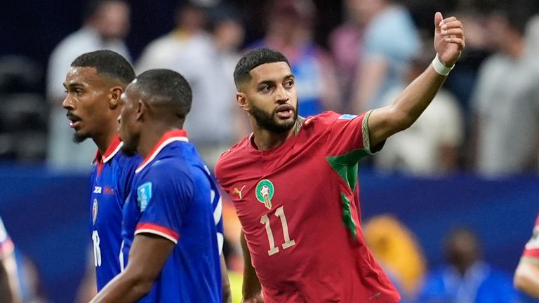Ismael Saibari, do Marrocos, comemora após marcar um gol (AP Photo/Mike Stewart)