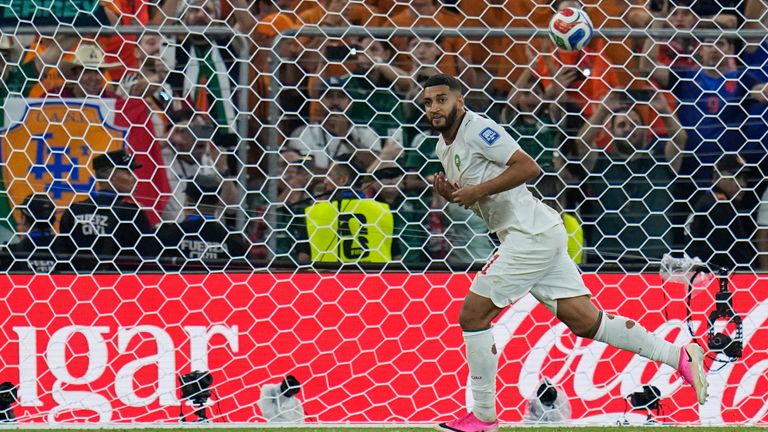 Morocco's Ismael Saibari (11) reacts after scoring the winning penalty during the World Cup round of 32 soccer match between the Netherlands and Morocco in Guadalupe, near Monterrey, Mexico, Monday, June 29, 2026. (AP Photo/Ricardo Mazalan)