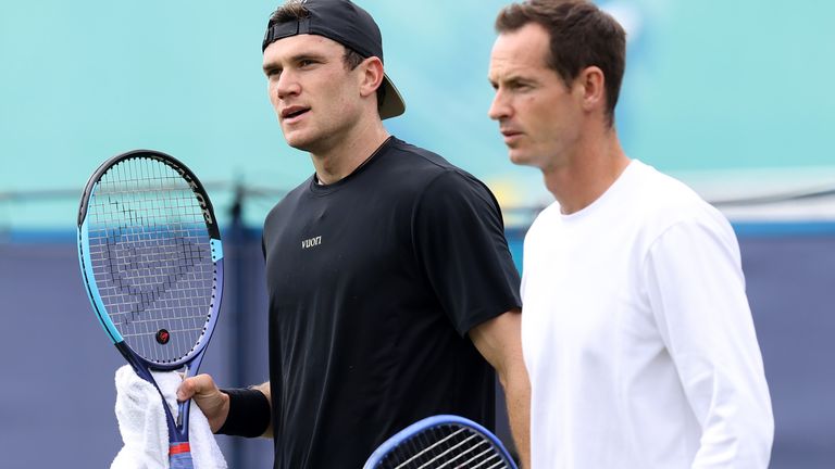 Jack Draper and Andy Murray on the practice courts in Eastbourne