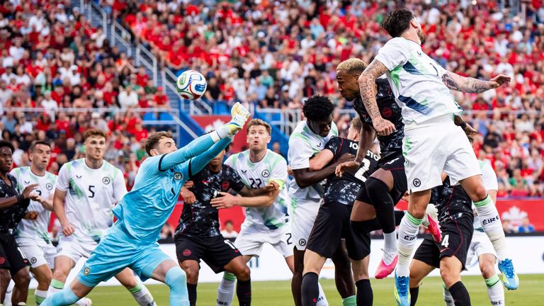 Ireland's Jake O'Brien heads the ball into his own net