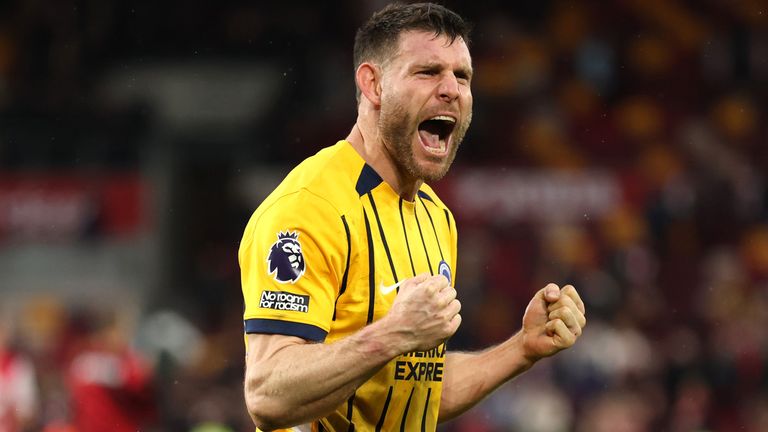 James Milner celebrates for Brighton at Brentford