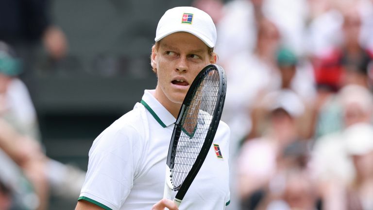 Jannik SINNER of Italy reacts in the first round of the men's singles match against Miomir KECMANOVIĆ of Serbia on day one of the Wimbledon 