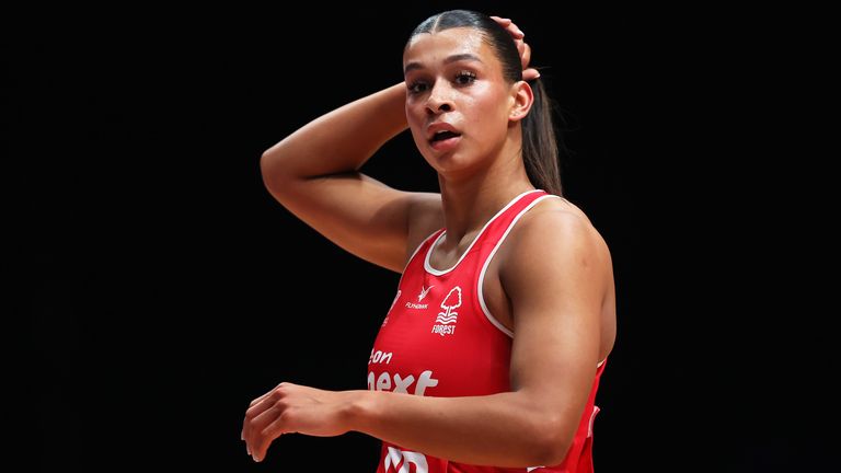 Jayda Pechova of Nottingham Forest looks on during Netball Super Cup 2026 at Utilita Arena Sheffield on February 21, 2026 in Sheffield, Eng