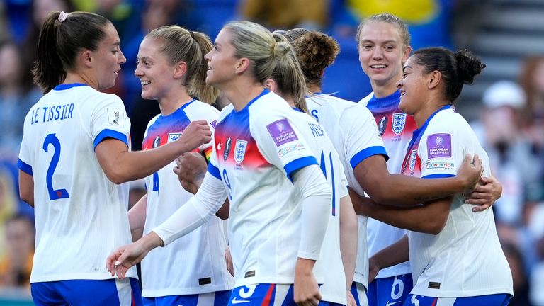 England celebrate Jess Carter's opener against Ukraine