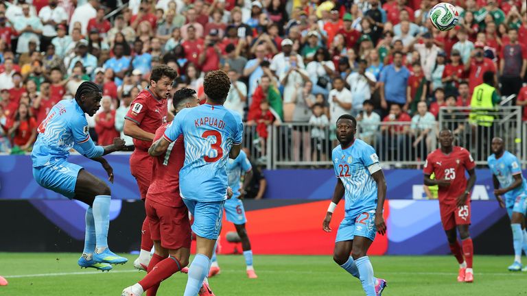 Jo..o Neves of Portugal, second from left, scores the opening goal with a header in the first half of the Group K match of the FIFA World Cup 2026 between Portugal and Congo DR at Houston Stadium in Houston, Texas, United States of America, on June 17, 2026. ( The Yomiuri Shimbun via AP Images )