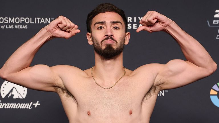 LAS VEGAS, NV - JUNE 27: Jose Valenzuela poses on the scale at the official weigh-in for the Zuffa Boxing 08 fight card on June 27, 2026 at New York New York Hotel and Casino in Las Vegas, NV.  (Photo by Ed Mulholland/Zuffa Boxing)              