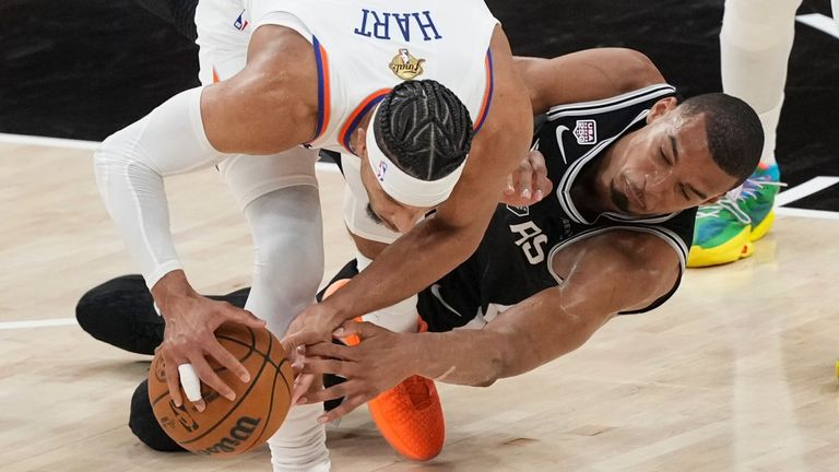 New York Knicks guard Josh Hart steals the ball from San Antonio Spurs forward Victor Wembanyama during Game 1 (AP Photo/Eric Gay)