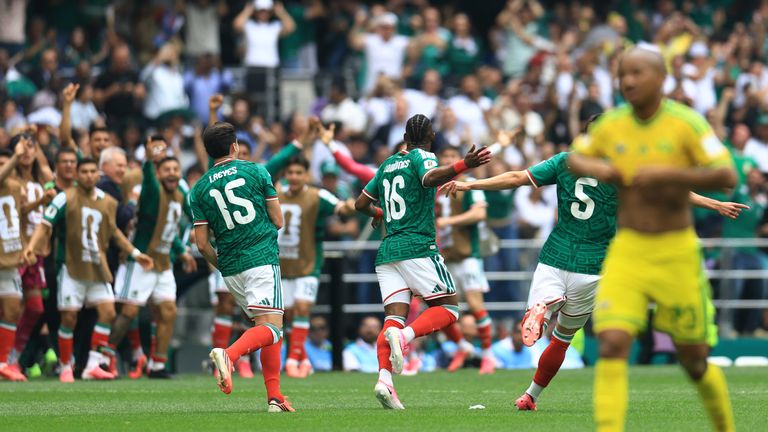 Julian Quinones celebrates after scoring a World Cup goal for Mexico against South Africa at the Estadio Azteca