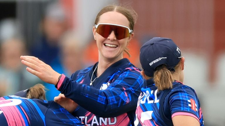 Kirstie Gordon claimed three wickets in four balls as Scotland beat Ireland in their T20 World Cup opener at Old Trafford