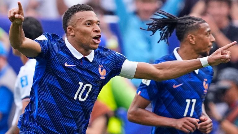 France's Kylian Mbappe (10) celebrates after scoring his team's first goal during the World Cup Group I soccer match between France and Iraq in Philadelphia, Monday, June 22, 2026. (AP Photo/Petr David Josek)