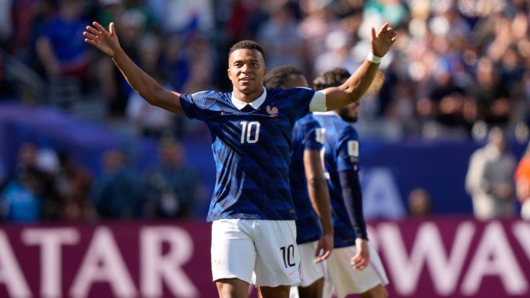 Kylian Mbappe celebrates his second goal against against Senegal