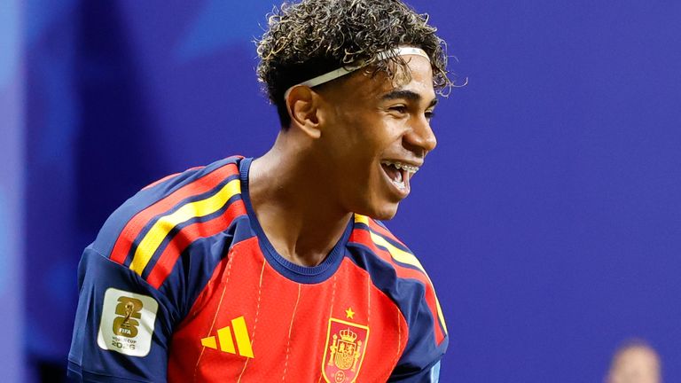 Spain's Lamine Yamal celebrates after scoring his side's opening goal Saudi Arabia (AP Photo/Erik S.Lesser)