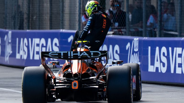 Lando Norris climbs out of his McLaren after it breaks down in Monaco practice