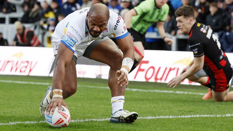 Leeds Rhinos' Maika Sivo scores a try during the Betfred Super League match at Headingley Stadium, Leeds. Picture date: Sunday March 29, 202
