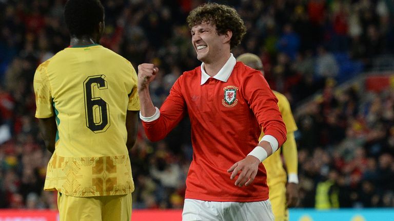 Lewis Koumas celebrates scoring his first international goal                                                                       