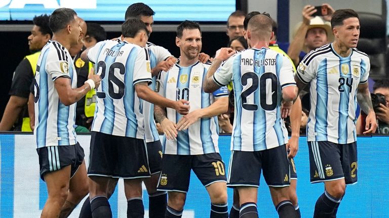 Argentina's Lionel Messi celebrates after breaking the World Cup scoring record vs Austria