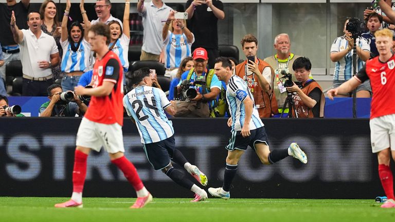 Argentina's Lionel Messi celebrates after breaking the World Cup scoring record vs Austria