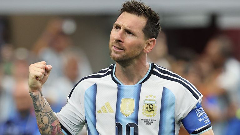 Lionel Messi celebrates becoming the all-time leading World Cup goalscorer after his strike put Argentina 1-0 up against Austria