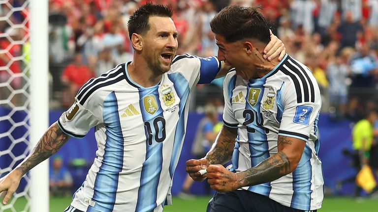 Messi celebrates his record-breaking first goal against Austria