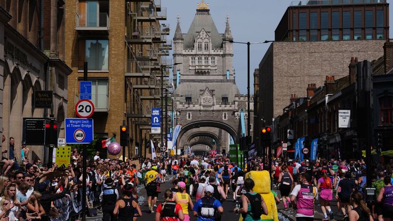 Runners approach Tower Bridge during the 2026 TCS London Marathon