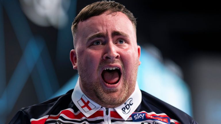 14 June 2026, Hesse, Frankfurt am Main: Darts: World Team Championship, Final Round, Quarterfinals. Luke Littler of Team England reacts. Photo by: Hannes P. Albert/picture-alliance/dpa/AP Images