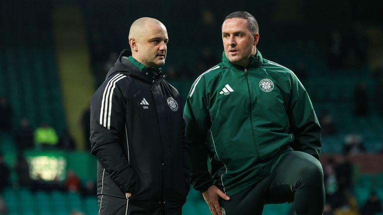 GLASGOW, SCOTLAND - FEBRUARY 07: Celtic Coaches Shaun Maloney (L) and Mark Fotheringham (R) before a Scottish Gas Scottish Cup Fifth Round match between Celtic and Dundee at Celtic Park, on February 07, 2026, in Glasgow, Scotland. (Photo by Craig Foy / SNS Group)