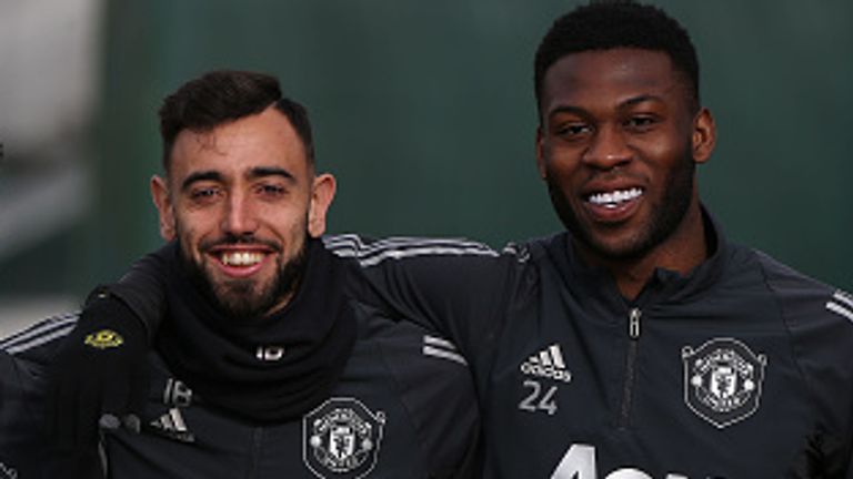 MANCHESTER, ENGLAND - FEBRUARY 26: Diogo Dalot, Fred, Bruno Fernandes and Timothy Fosu-Mensah of Manchester United in action during a first team training session at Aon Training Complex on February 26, 2020 in Manchester, England. (Photo by Matthew Peters/Manchester United via Getty Images)