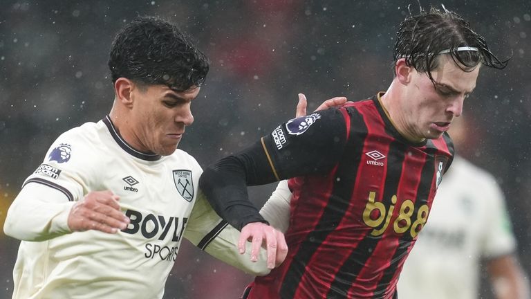 West Ham United's Mateus Fernandes (left) and Bournemouth's Alex Scott battle for the ball 