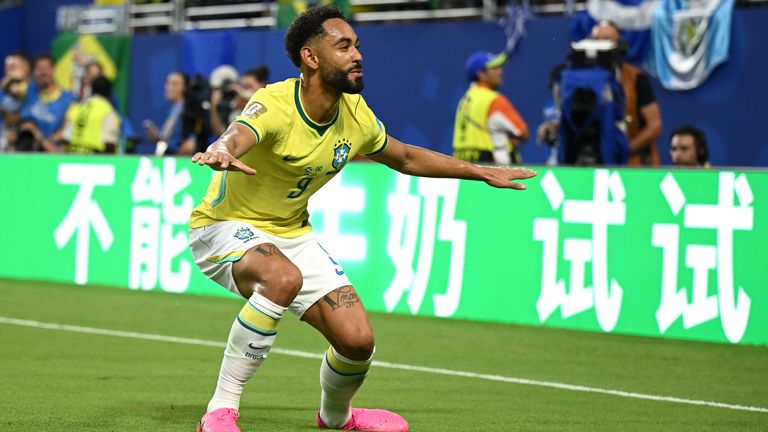 Matheus Cunha of Brazil celebrates scoring his team's third goal