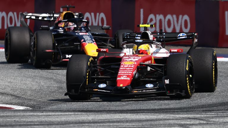 Lewis Hamilton and Max Verstappen duel during the 2026 Austrian Grand Prix at the Red Bull Ring (Getty Images)