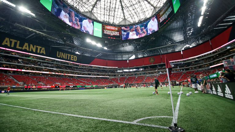 FILE - General view of Mercedes-Benz Stadium before an MLS soccer match between Atlanta United and the Portland Timbers Sunday, June 24, 2018, in Atlanta, Ga. (AP Photo/Brett Davis, File)