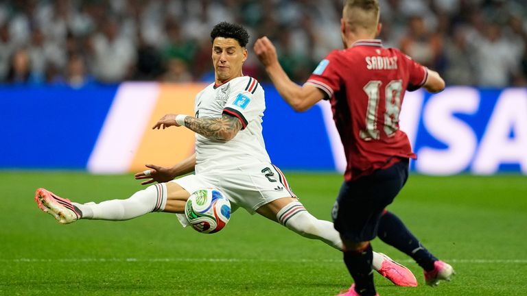 Mexico's Jorge Sanchez (2) blocks a ball from Czechia's Michal Sadilek (18) during the World Cup Group A