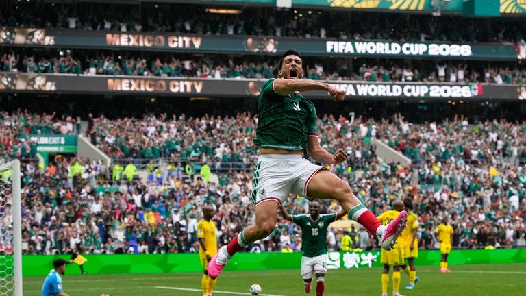 Mexico's Raul Jimenez celebrates after scoring his side's second goal 