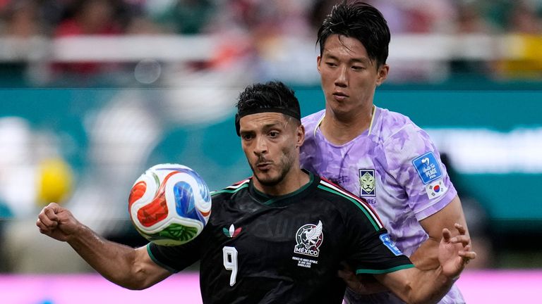 Mexico's Raul Jimenez (9), left, fights for the ball with South Korea's Lee Han-beom (2) during the World Cup Group A soccer match between Mexico and South Korea in Zapopan, near Guadalajara, Mexico, Thursday, June 18, 2026. (AP Photo/Ricardo Mazalan)