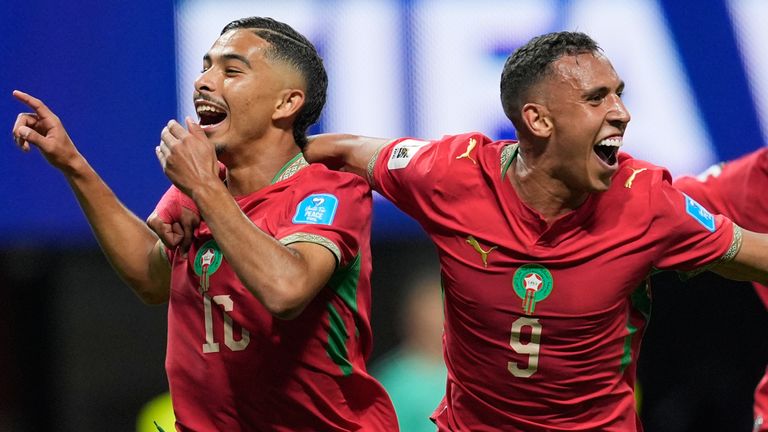 Gessime Yassine and Soufiane Rahimi (far left and left) scored the late goals as Morocco beat Haiti in the World Cup