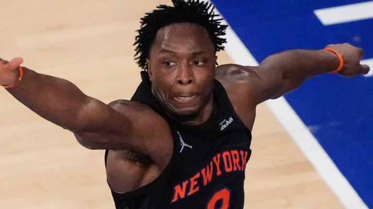New York Knicks forward OG Anunoby blocks Cleveland Cavaliers guard James Harden during the Eastern Conference finals (AP Photo)