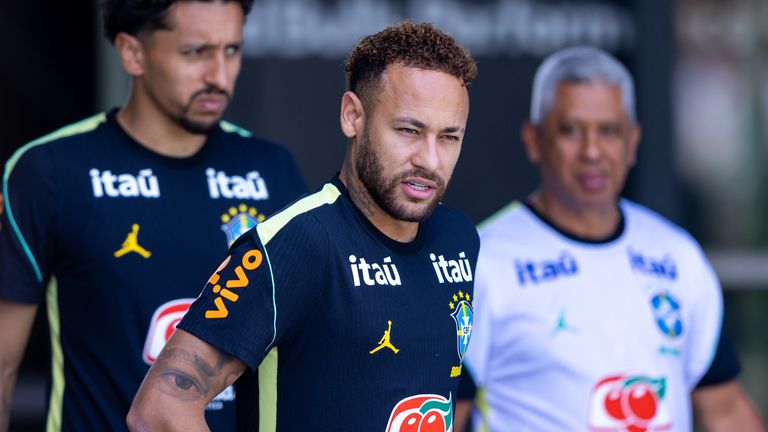 Neymar pictured with the Brazil squad in training