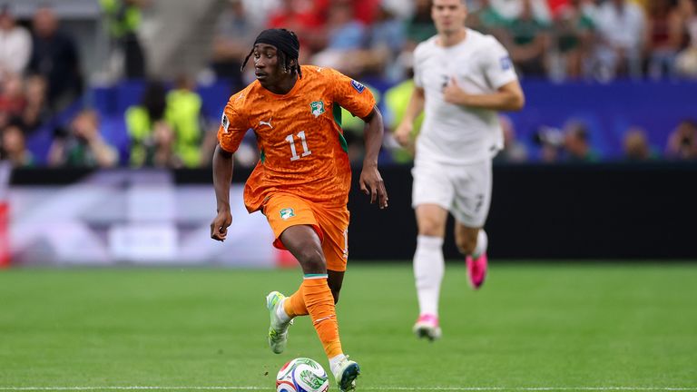 Ivory Coast's Yan Diomande moves the ball forward