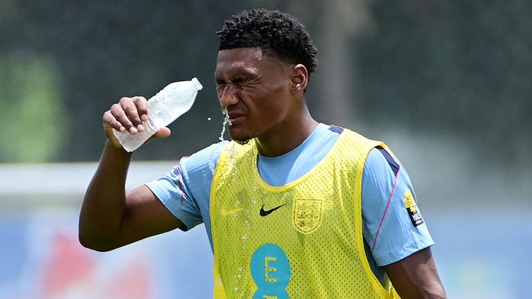 Ollie Watkins cools down during an England training session