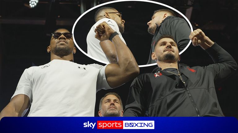 Watch on as neither fighter refuses to back down as Anthony Joshua locks eyes against his opponent Kristian Prenga as he returns to boxing after being involved in an tragic car accident. 