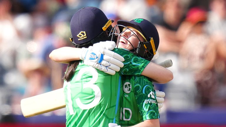 Ireland's Rebecca Stokell and Louise Little (right) celebrate following victory against West Indies.